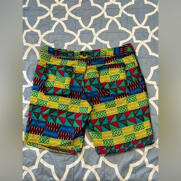 D'Iyanu African Mens Activewear Shorts size 38 4 side Pockets Yellow Geometric - Picture 4 of 8